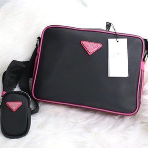 adidas for Prada Re-Nylon shoulder bag blk w/ pink Stripes AUTH